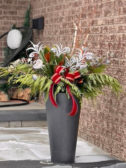 Winter Planter Insert red velvet bow, silver accents