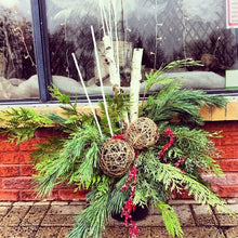 Load image into Gallery viewer, Winter Planter Inserts with grapevine balls, red berries and birch branches
