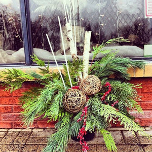 Winter Planter Inserts with grapevine balls, red berries and birch branches