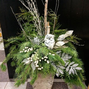 Winter Planter Insert with owl and white and silver decor